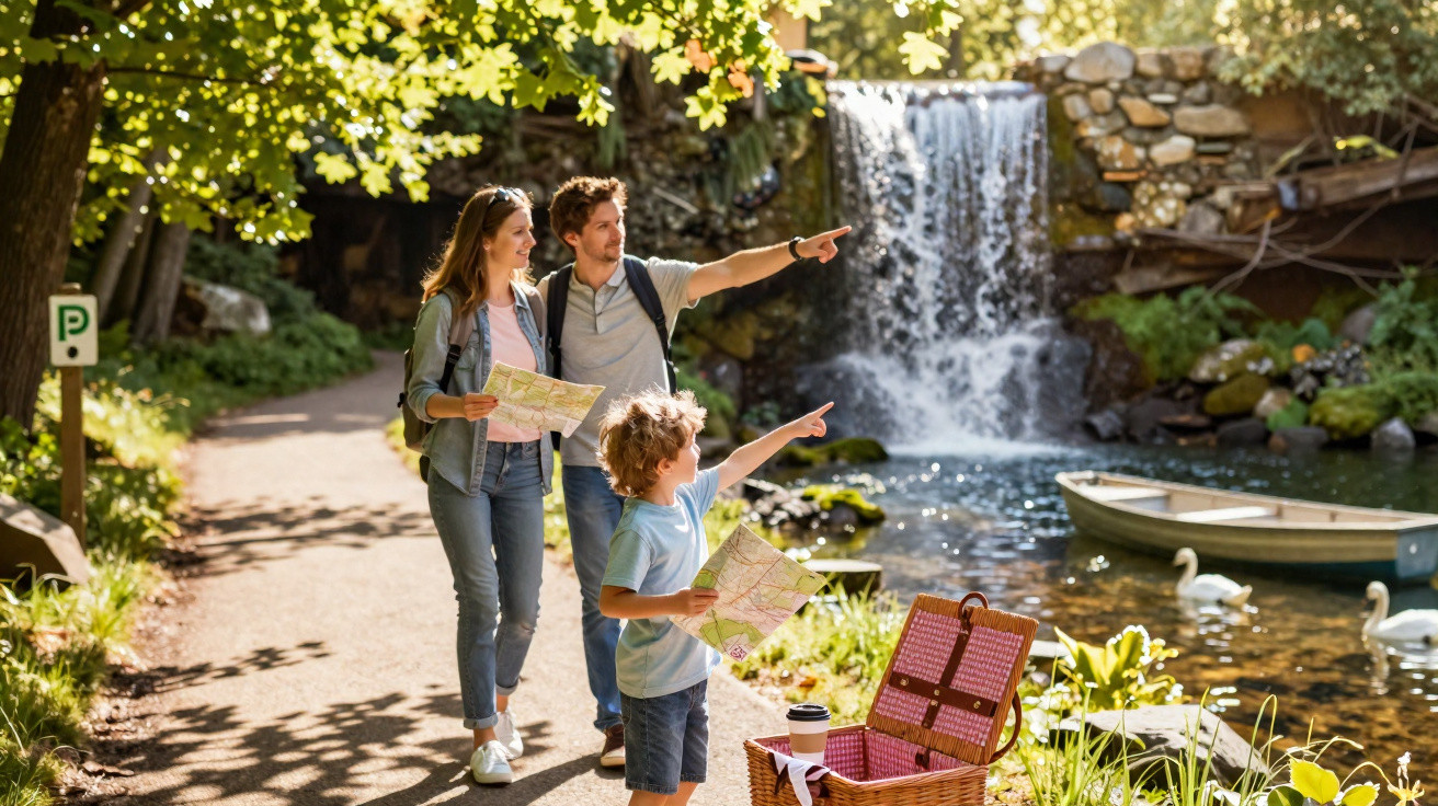 Família com mapas aponta para cascata perto de lago com cisnes, durante passeio ao ar livre.