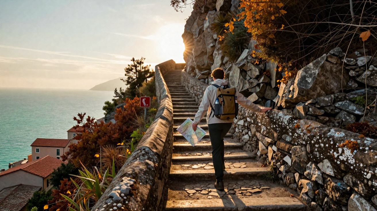 Pessoa a subir escadas de pedra junto ao mar ao pôr do sol, segurando um mapa e uma mochila.
