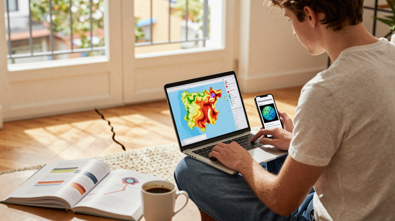Pessoa sentada no chão com portátil a mostrar mapa topográfico e smartphone na mão junto a livro aberto e chávena.
