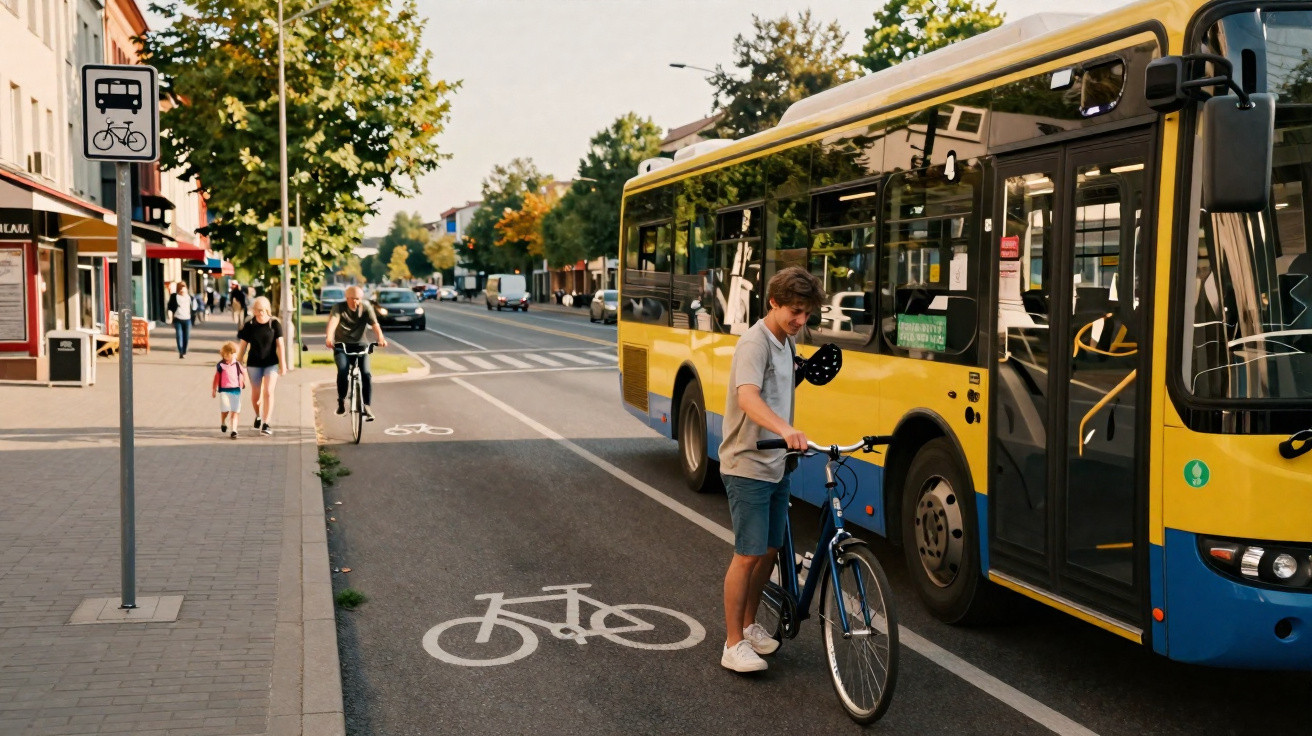 Rapaz com bicicleta no carril de ciclistas junto a um autocarro amarelo numa rua urbana com pedestres.