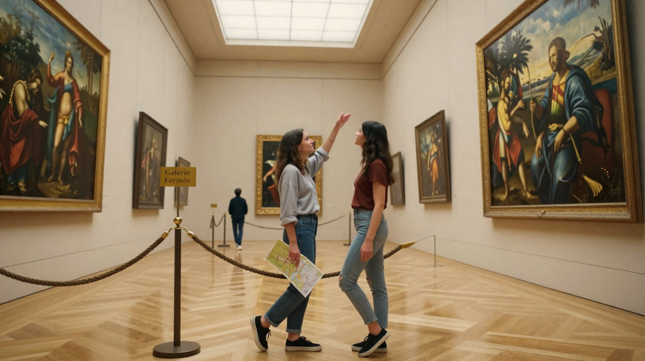 Duas mulheres a observar e discutir pinturas clássicas numa galeria de arte com chão de madeira.