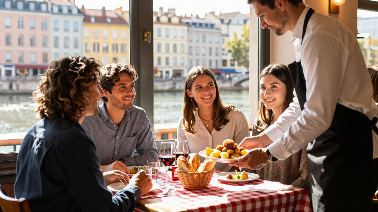 Grupo de jovens a jantar num restaurante com vista para o rio, recepcionados por um empregado.