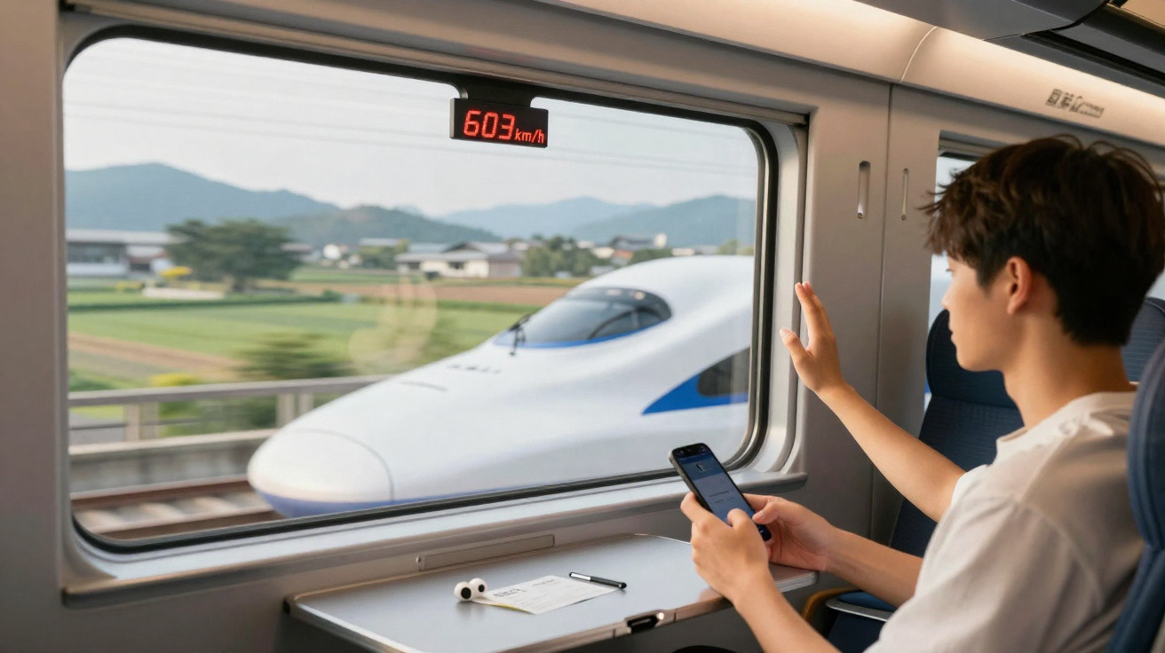 Passageiro dentro de um comboio de alta velocidade a 603 km/h, segurando um telemóvel e olhando pela janela.