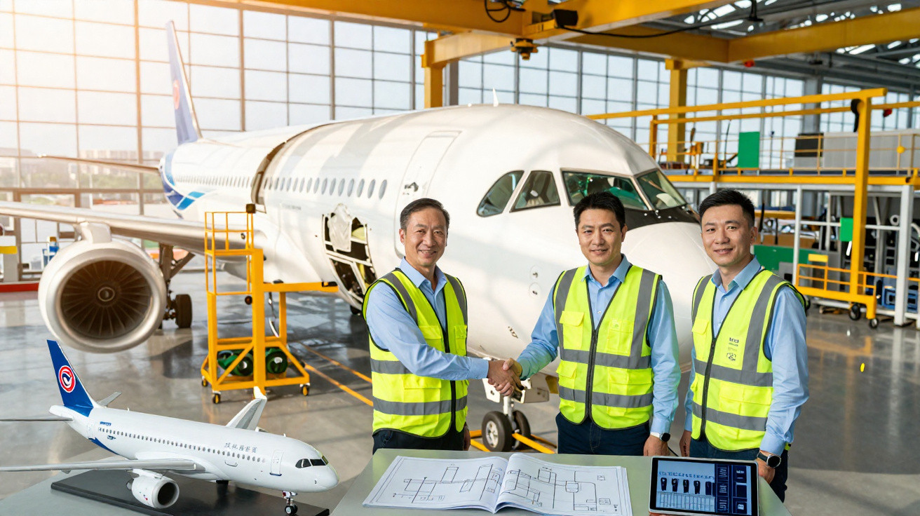 Três engenheiros de aviação com coletes refletivos apertam as mãos em oficina com avião e maquete.