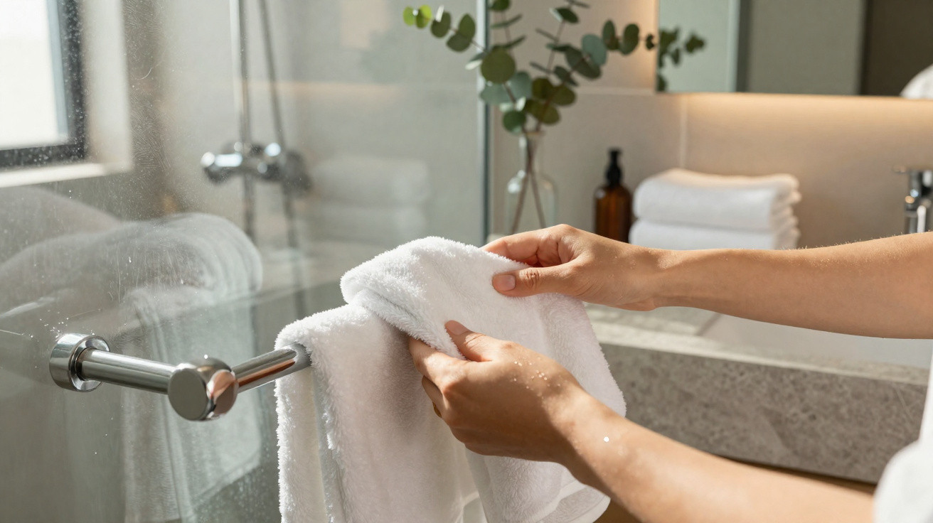 Mãos a pendurar toalha branca numa barra ao lado de um chuveiro numa casa de banho moderna.