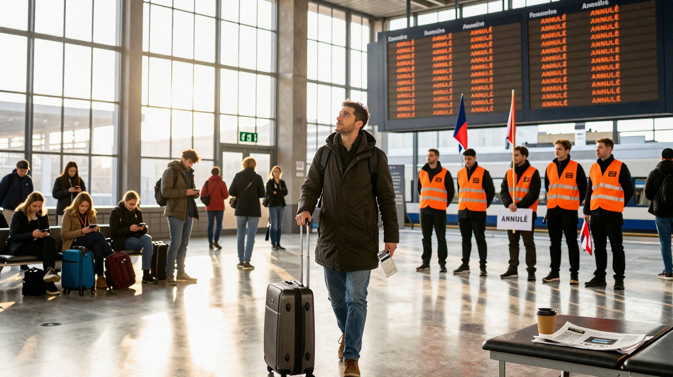 Homem com mala observa painel de partidas canceladas num aeroporto com pessoas e seguranças ao fundo.