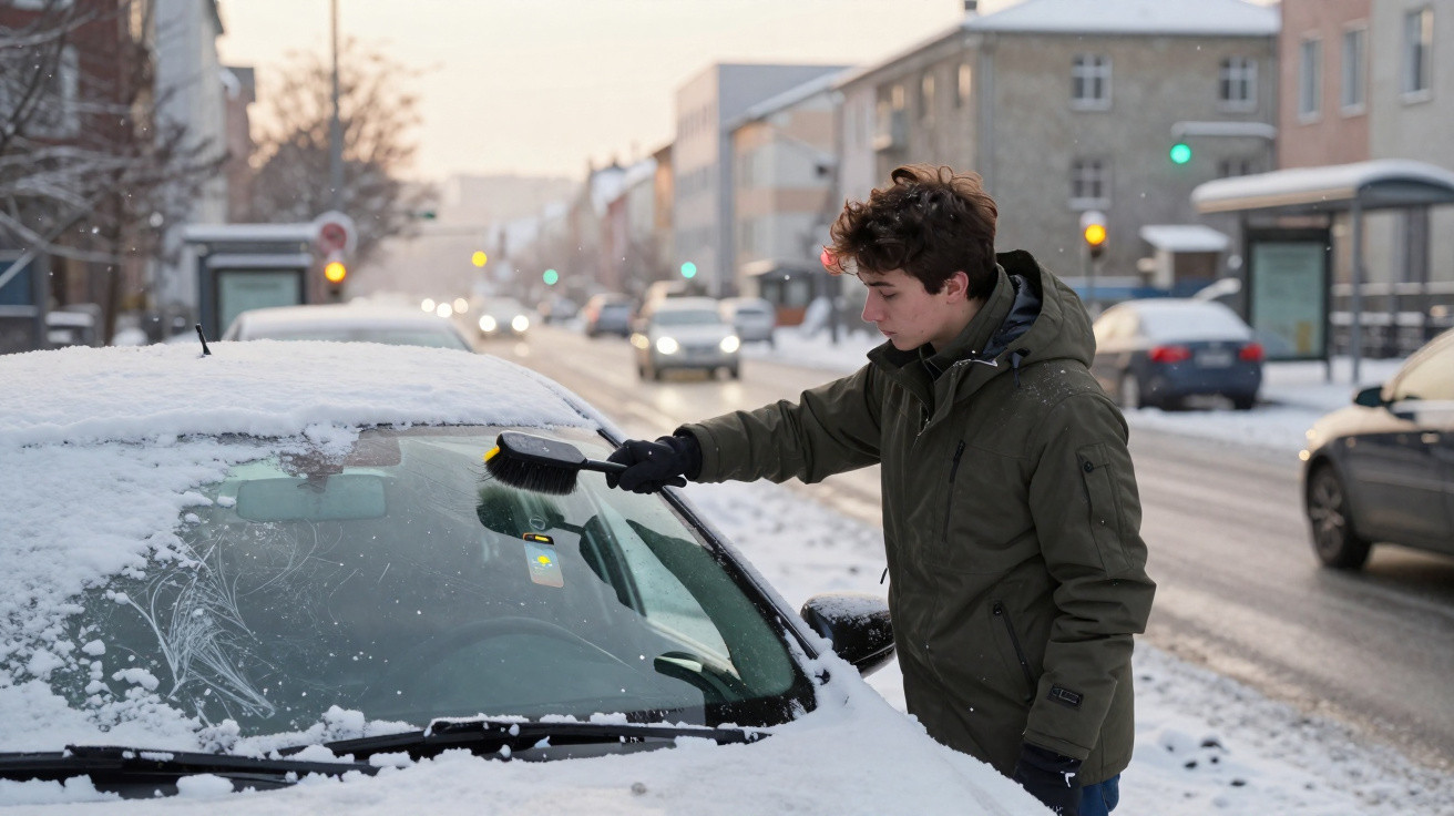 Jovem com casaco verde limpa a neve do para-brisas de um carro, numa rua urbana com trânsito e neve.