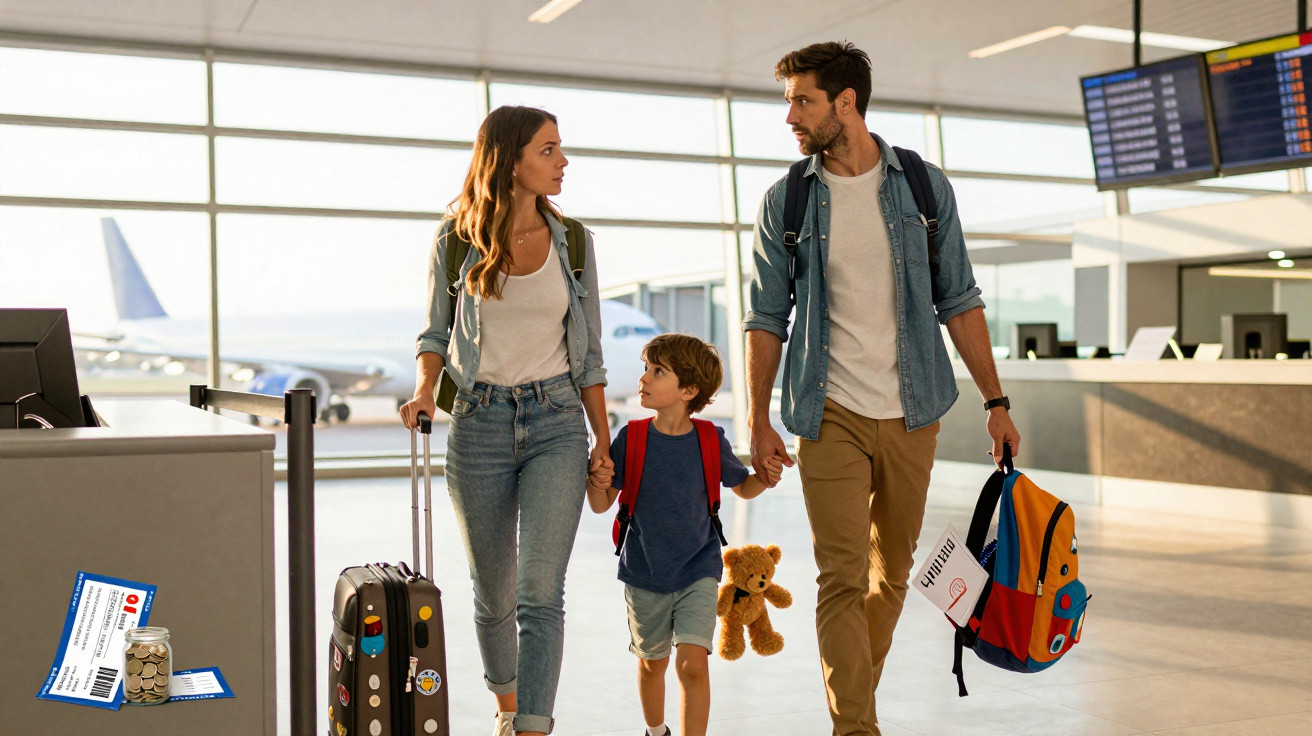 Família com duas crianças a caminhar no aeroporto com malas e mochilas, olhando-se mutuamente.
