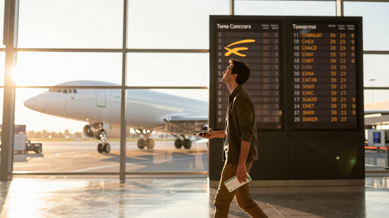 Homem com passaporte e telemóvel caminha no aeroporto com avião e painel de voos ao fundo.