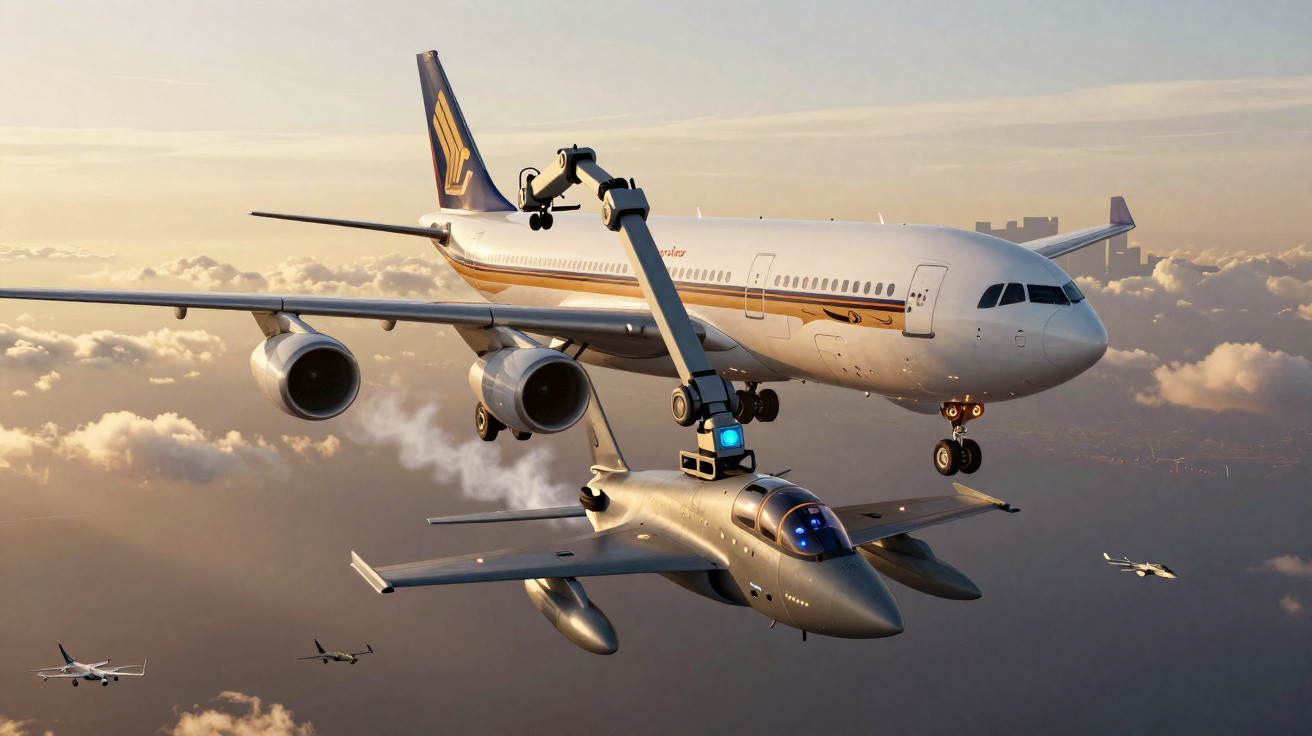 Avião comercial e caça militar voando juntos num céu com nuvens ao pôr do sol.