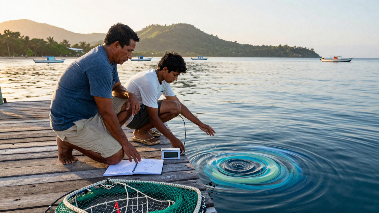 Dois homens agachados numa doca junto ao mar, observando um dispositivo e um padrão circular na água.