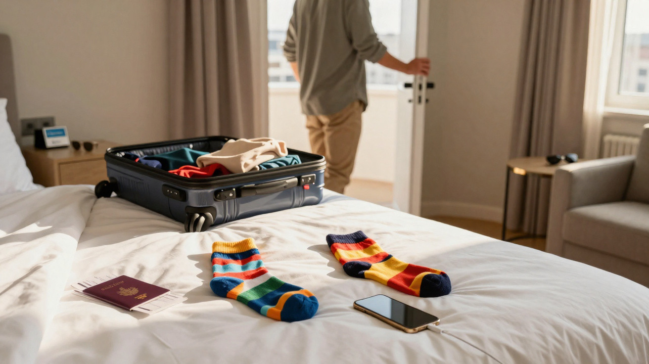 Mala aberta em cama com meias coloridas, passaporte e telemóvel, homem de pé junto à porta de vidro.