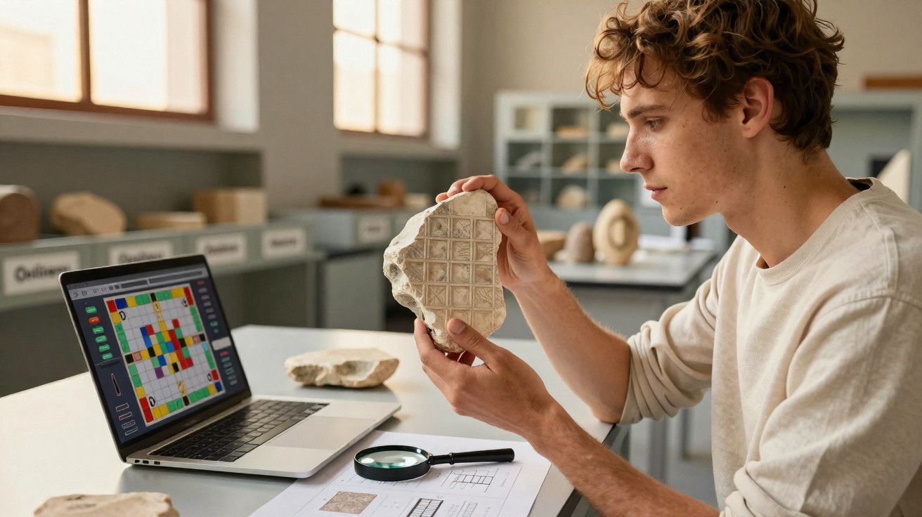 Jovem arqueólogo analisa fragmento de cerâmica com padrões geométricos numa sala de estudos.