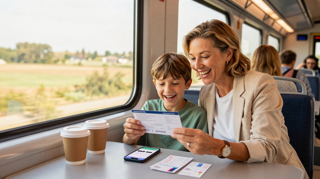 Mulher e menino felizes a olhar bilhetes juntos dentro de um comboio em viagem.