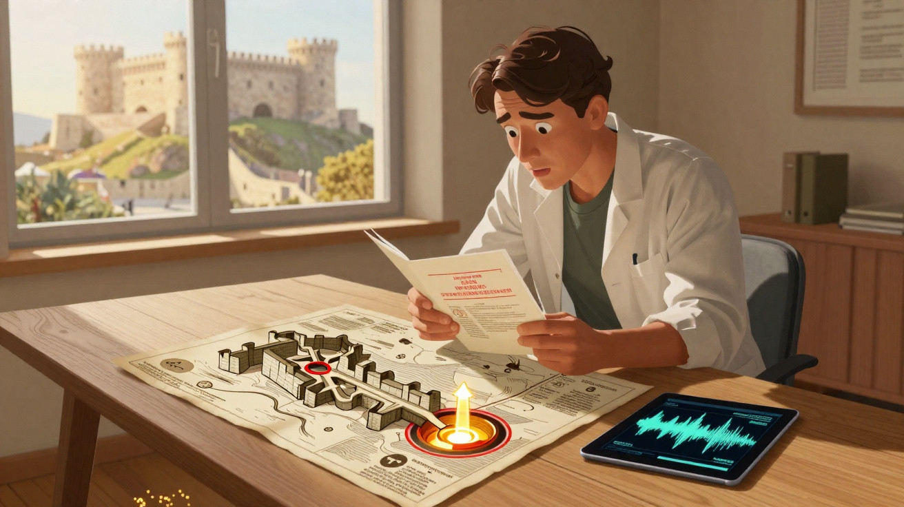 Homem sentado lendo documento com mapa antigo e vela acesa sobre mesa, castelo visível pela janela.