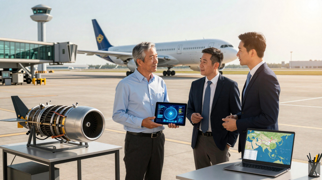 Três homens em fato discutem dados técnicos junto a um motor de avião no aeroporto, com avião e torre ao fundo.