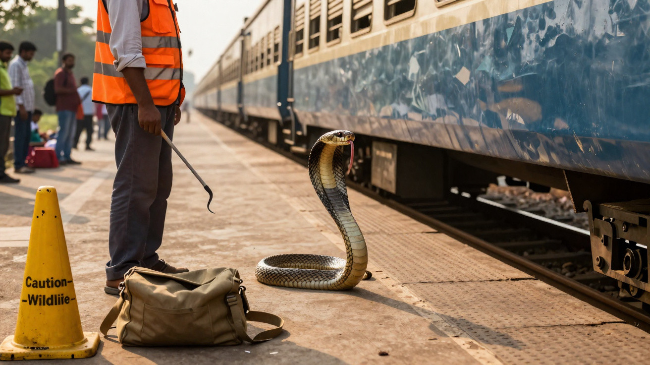 Homem com colete laranja segura ferramenta perto de cobra-cobras na plataforma de comboio, com aviso de cuidado.