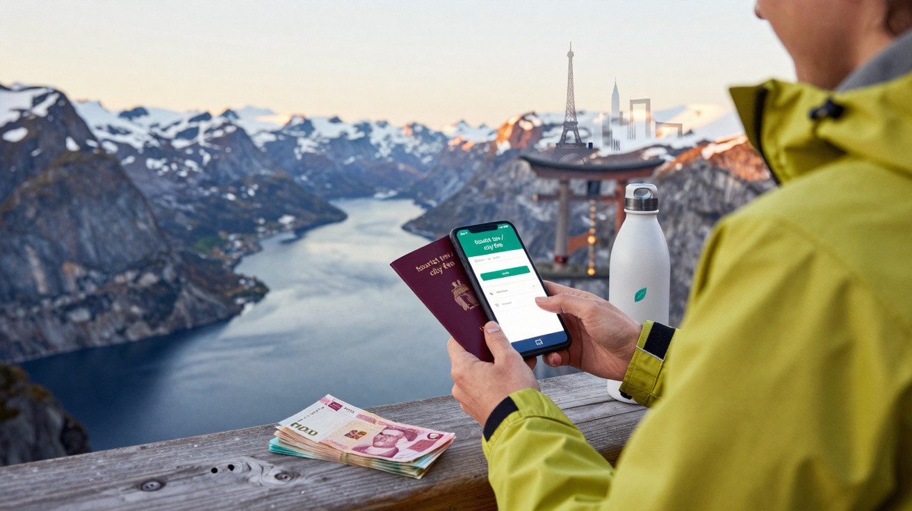 Pessoa a consultar app de viagem num smartphone, com passaportes e moedas sobre madeira, paisagem montanhosa e lago ao fundo.