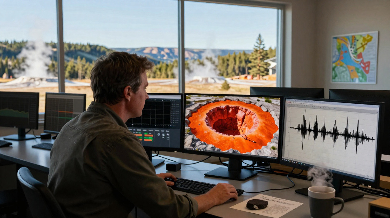 Homem a monitorizar dados geológicos e imagem de crateras vulcânicas numa sala com vista para floresta e montanhas.