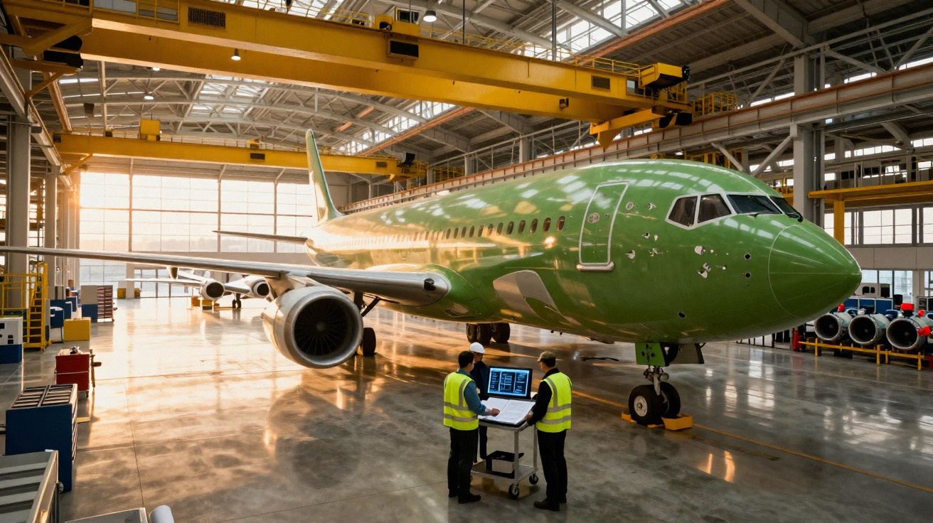Avião em manutenção numa grande oficina industrial com dois técnicos a analisar dados num computador.