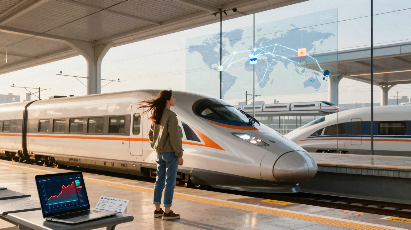 Mulher na plataforma de estação observa comboio de alta velocidade com gráfico e mapa digital no fundo.