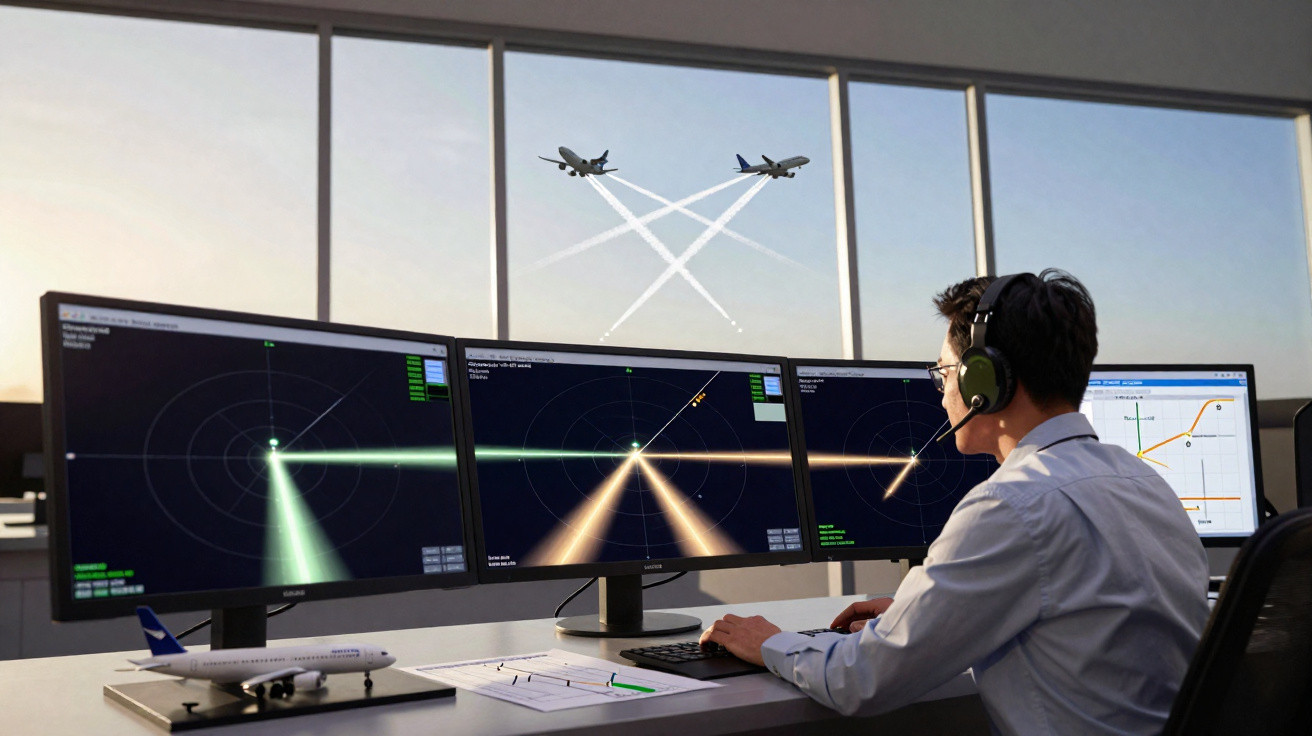Controlador aéreo a monitorizar radares com dois aviões a cruzar no céu através da janela.