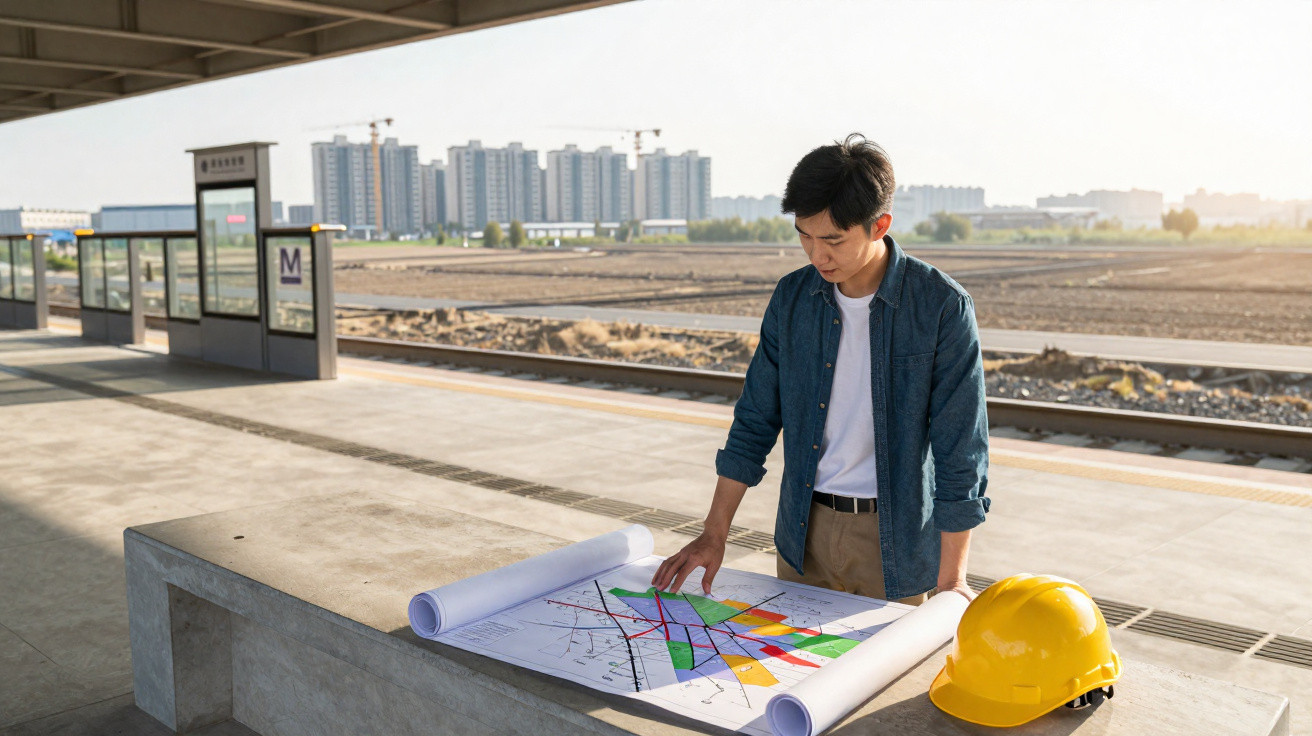 Homem com camisa azul analisa planta de construção numa plataforma ao ar livre junto a um capacete amarelo.
