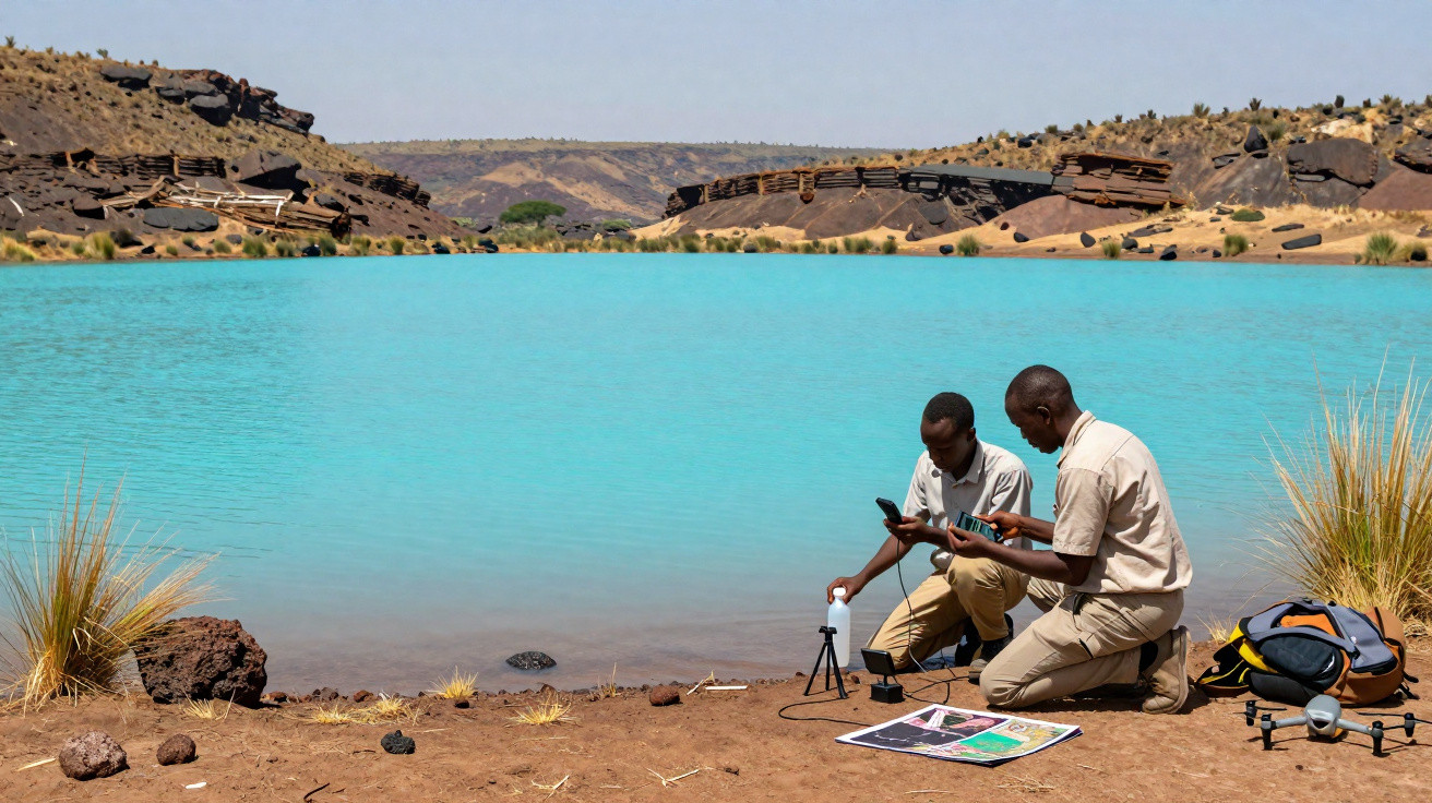 Dois homens a recolher dados junto a um lago azul turquesa numa paisagem árida com colinas ao fundo.