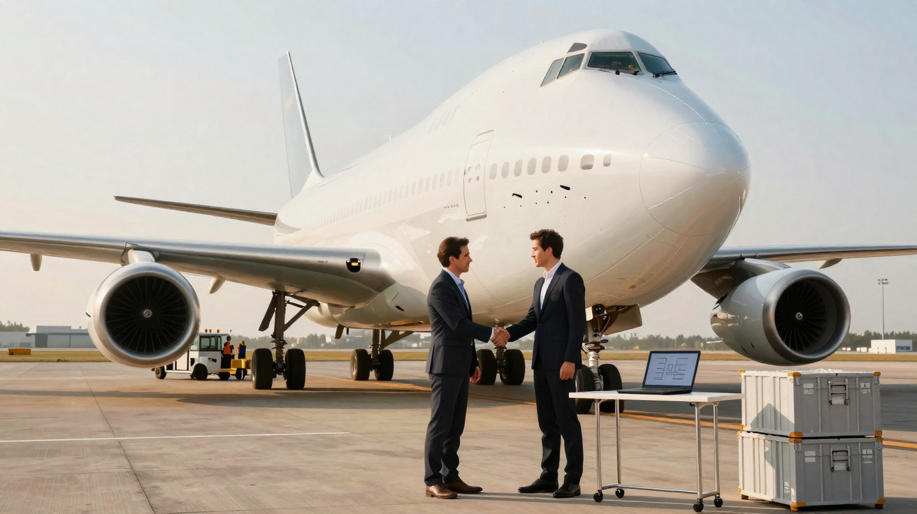 Dois homens de fato apertam as mãos junto a um avião branco estacionado num aeroporto.