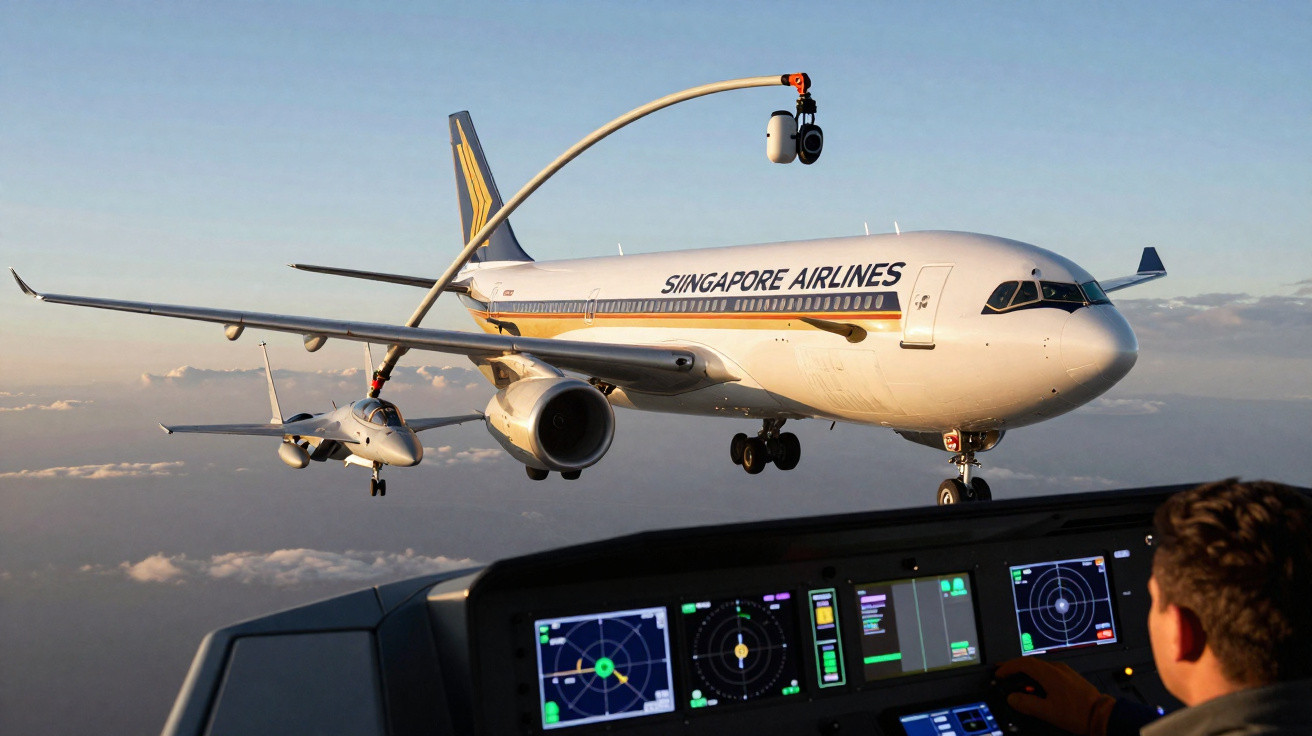 Avião da Singapore Airlines em voo próximo a um caça militar, visto do cockpit de outro avião.