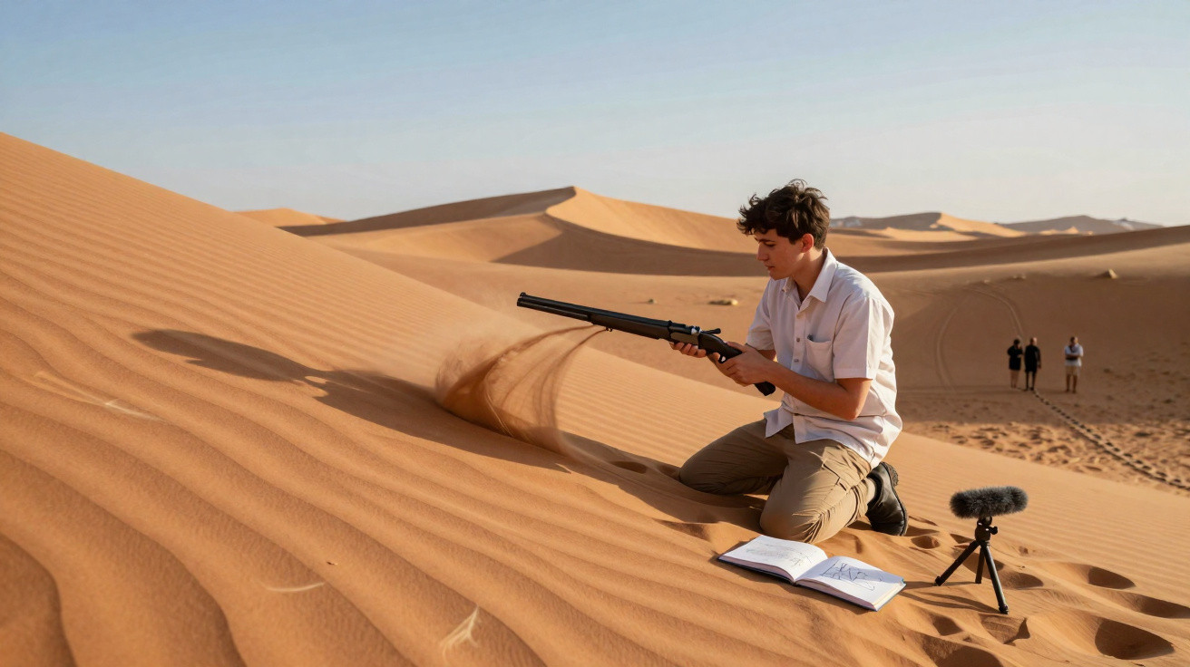 Jovem ajoelhado em duna no deserto mexe na areia com espingarda de ar comprimido, com caderno e microfone.