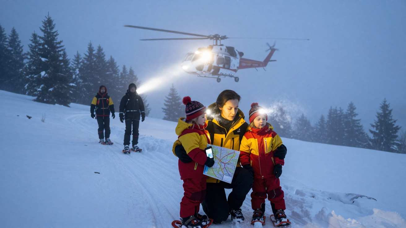 Resgate de montanha à noite com helicóptero, equipa e crianças na neve, usando roupas térmicas e frontais.