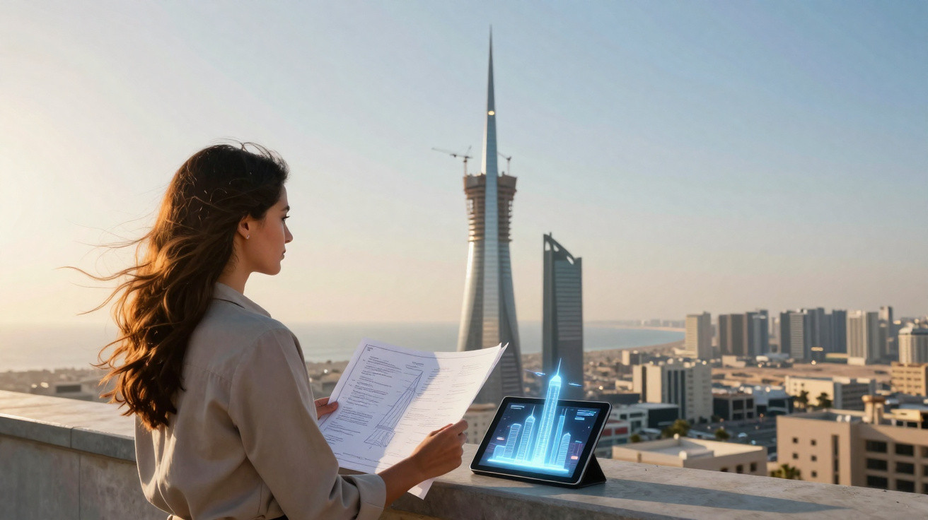 Mulher a analisar projeto arquitetónico com holograma de edifício digital numa cidade moderna ao fundo.
