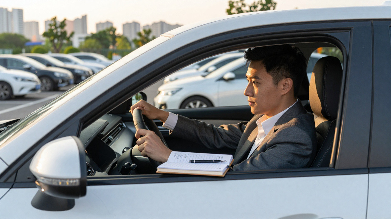 Homem com fato cinzento ao volante de carro branco estacionado, segurando caderno e caneta.