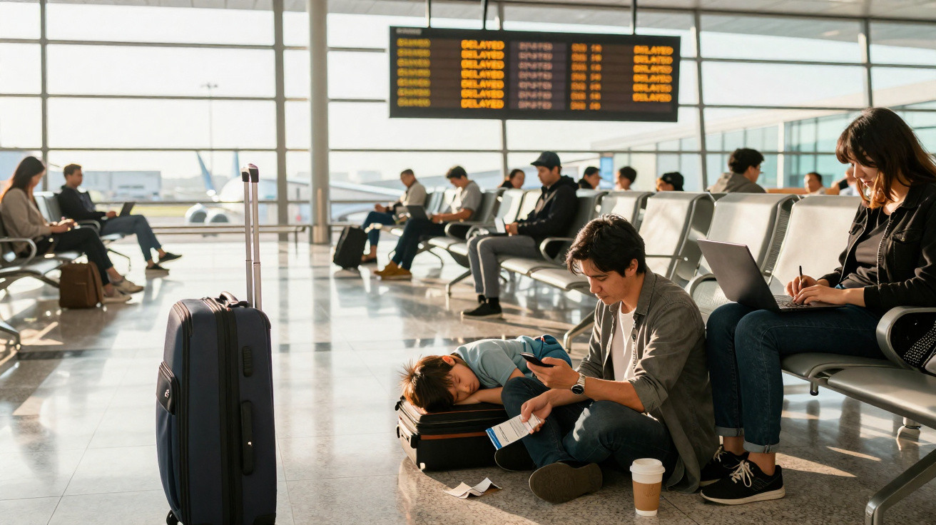 Sala de embarque de aeroporto com pessoas sentadas e criança a dormir sobre mala no chão junto a adulto.