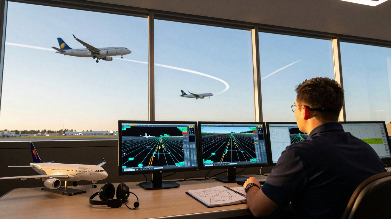 Controlador aéreo a monitorizar voos em três ecrãs com aviões a aterrar visíveis através da janela do aeroporto.