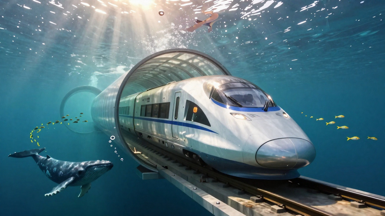 Comboio moderno a alta velocidade a atravessar um túnel transparente no fundo do mar com uma baleia e peixes à volta.
