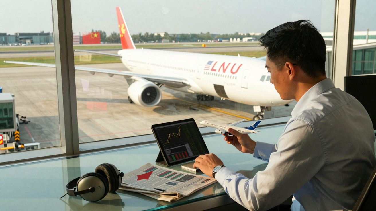 Homem sentado junto a janela do aeroporto com avião à frente, a trabalhar num tablet e segurar modelo de avião.