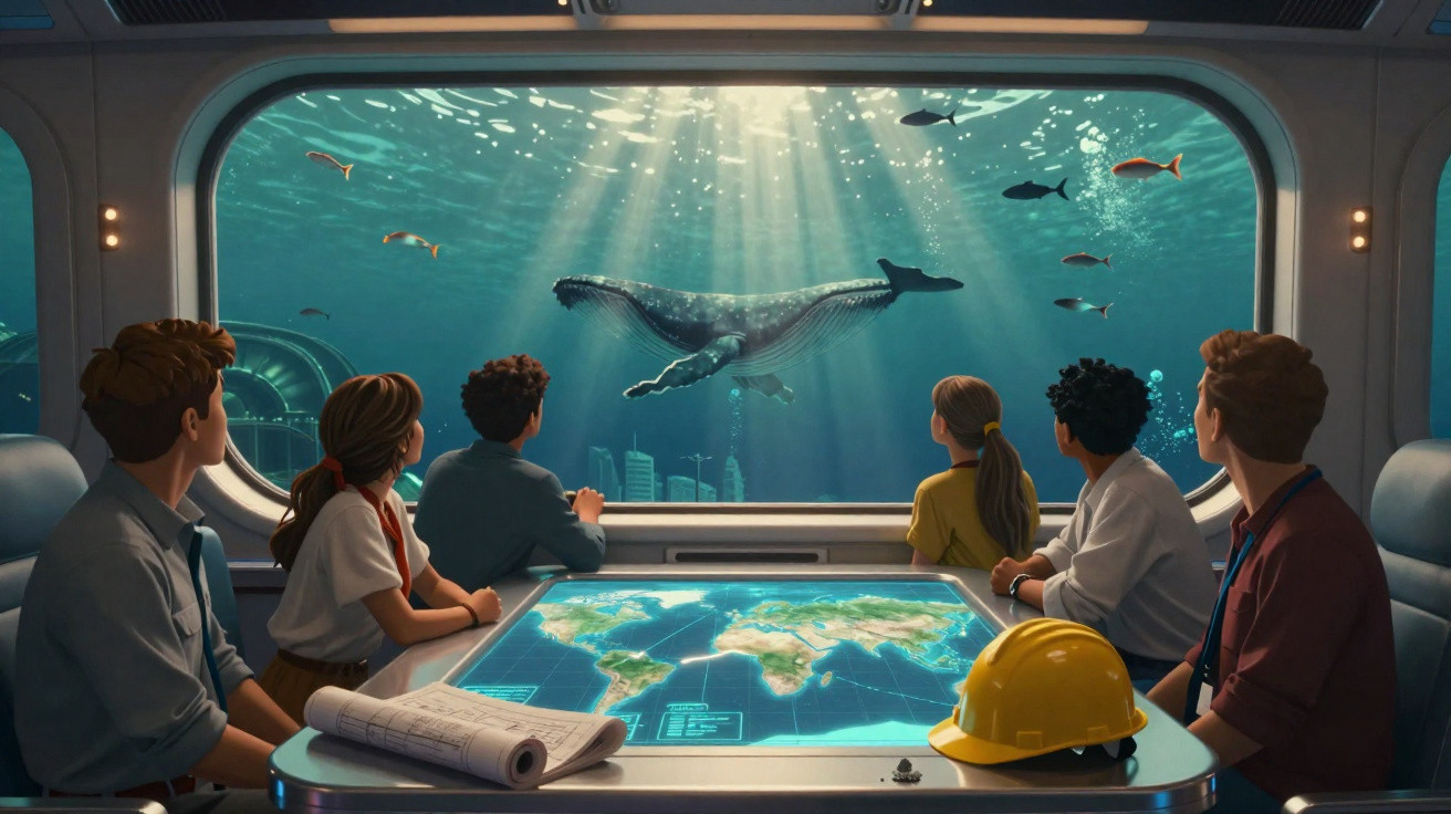 Seis pessoas observam uma baleia e peixes gigantes através de uma janela subaquática com mapa do mundo sobre a mesa.