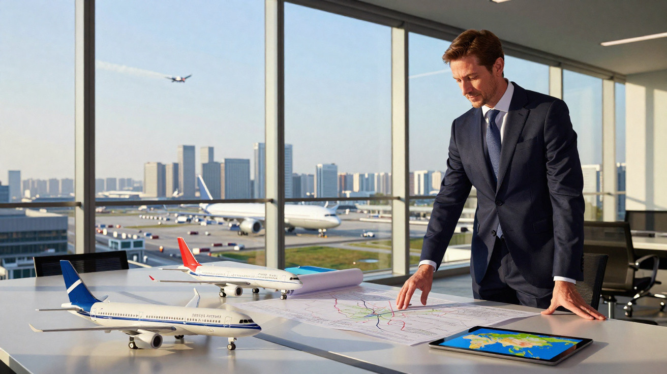 Homem de terno a analisar mapas e modelos de aviões num escritório com vista para aeroporto e cidade.