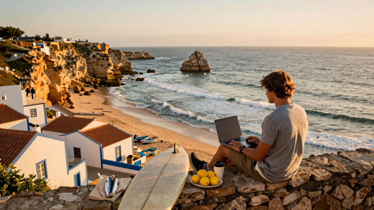 Jovem trabalha num computador portátil junto à praia ao pôr do sol, com prancha de surf e casas brancas ao fundo.