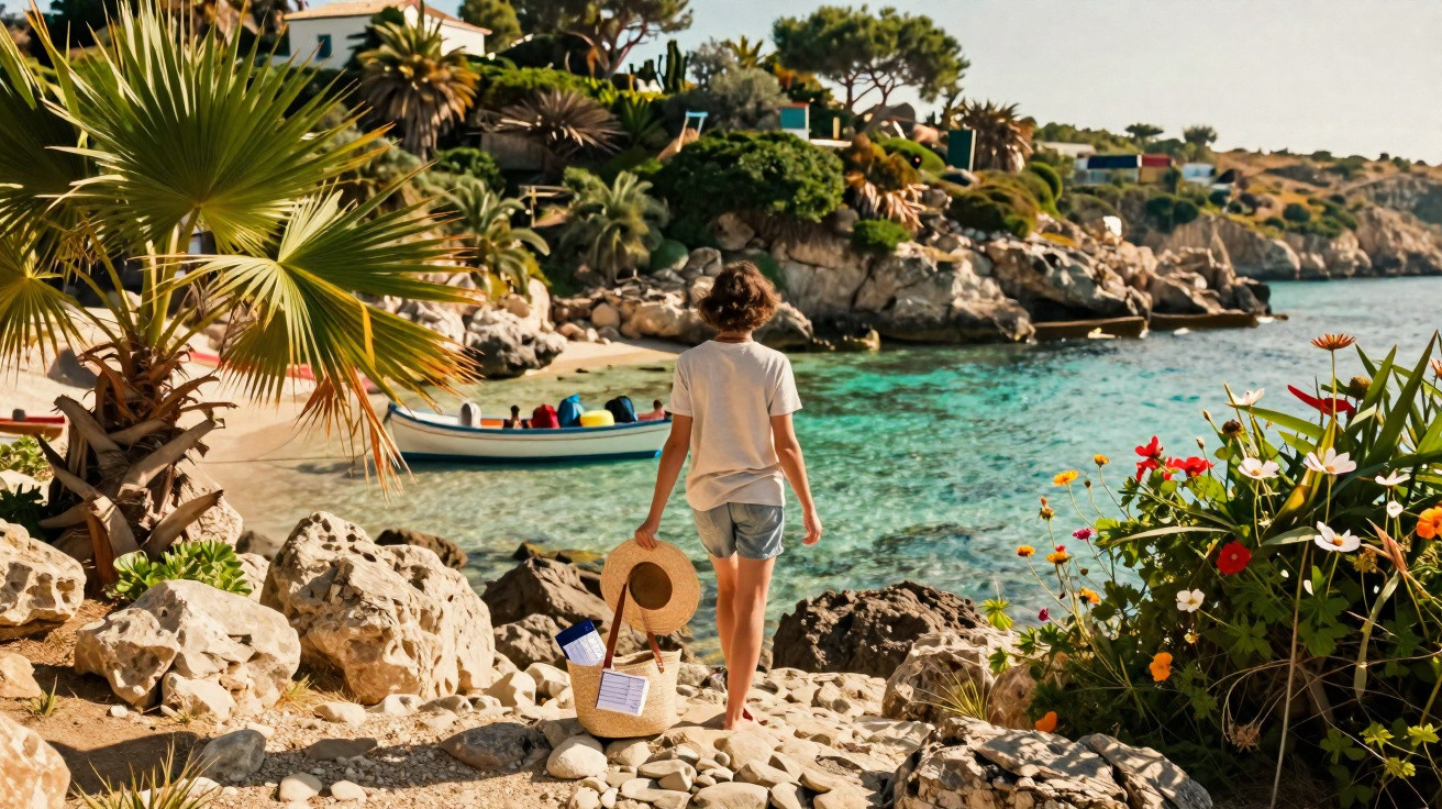 Criança de costas caminha por praia rochosa com bote no mar e vegetação tropical ao redor.
