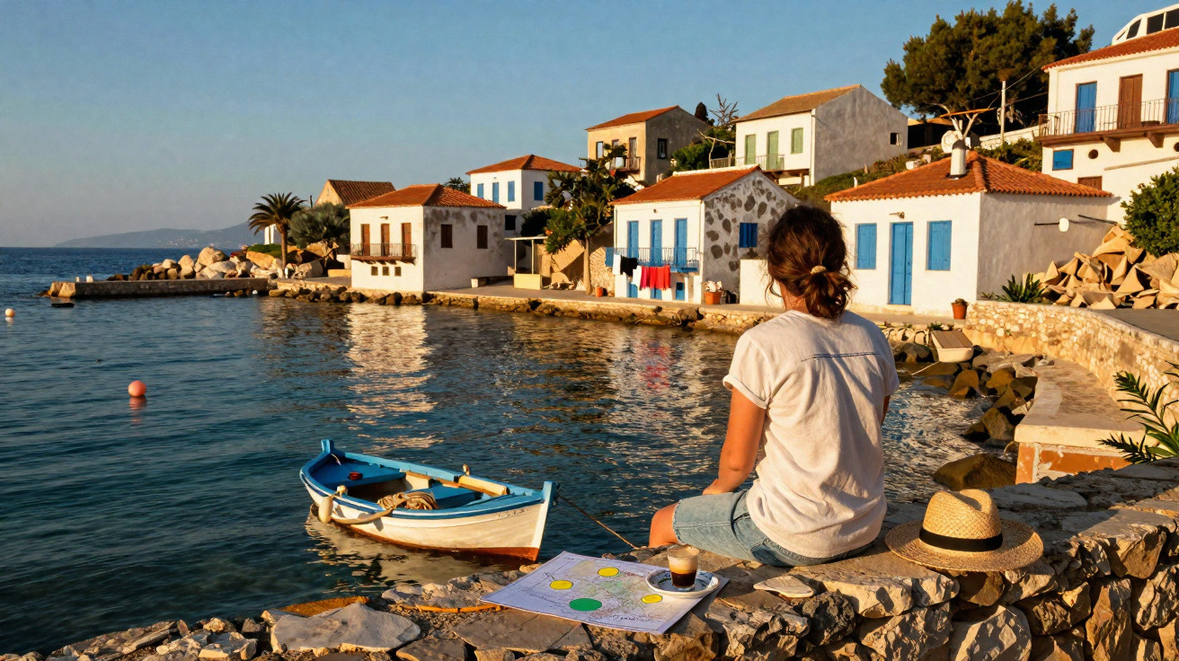 Mulher sentada numa muralha junto ao mar com barco, mapa, chapéu de palha e casas tradicionais ao fundo.