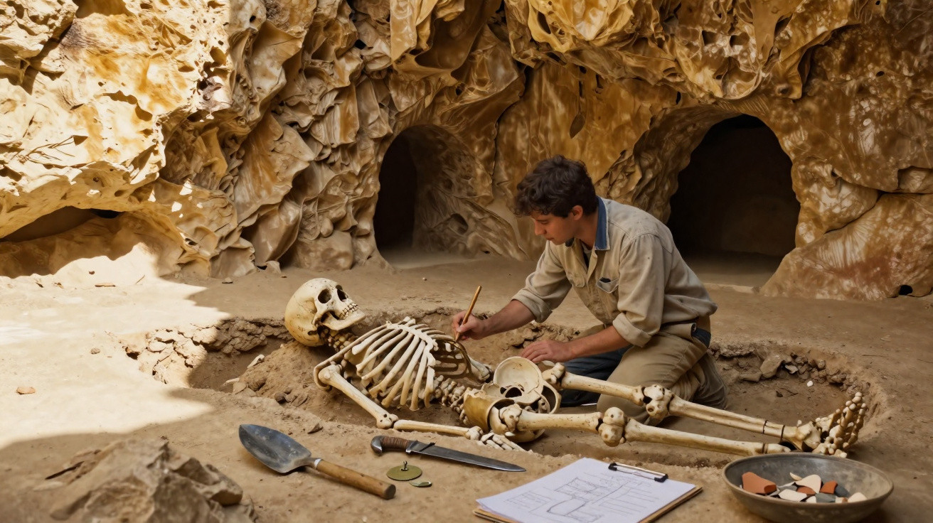 Homem escavando e estudando esqueleto humano fossilizado em caverna durante escavação arqueológica.