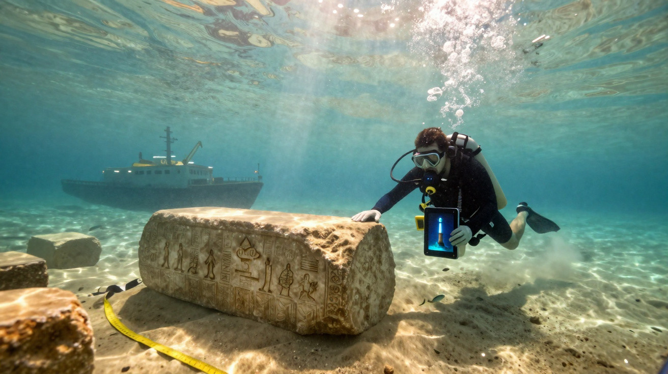 Mergulhador explora ruínas subaquáticas com inscrições antigas e barco ao fundo em águas claras.