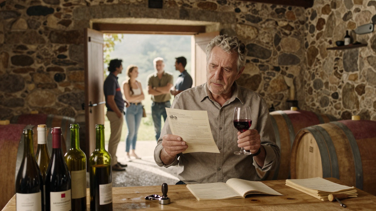 Homem idoso a ler documento com copo de vinho tinto numa adega rústica, pessoas ao fundo na entrada.