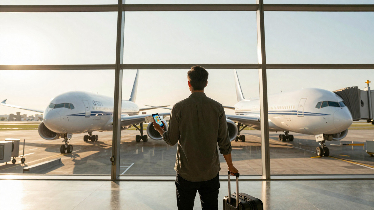 Homem de costas no aeroporto com mala e telefone, a observar dois aviões estacionados junto à janela.