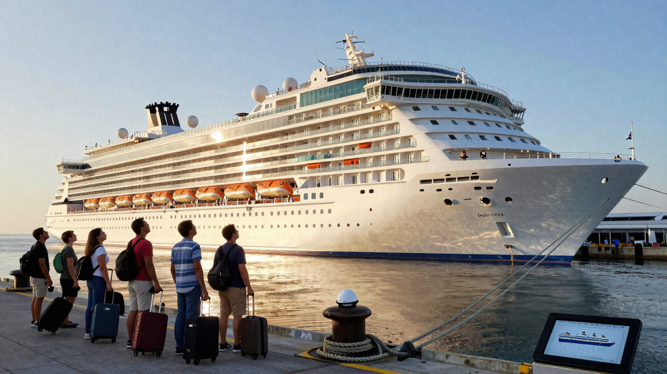 Cruzeiro grande ancorado no porto durante o pôr do sol com passageiros à espera para embarcar.