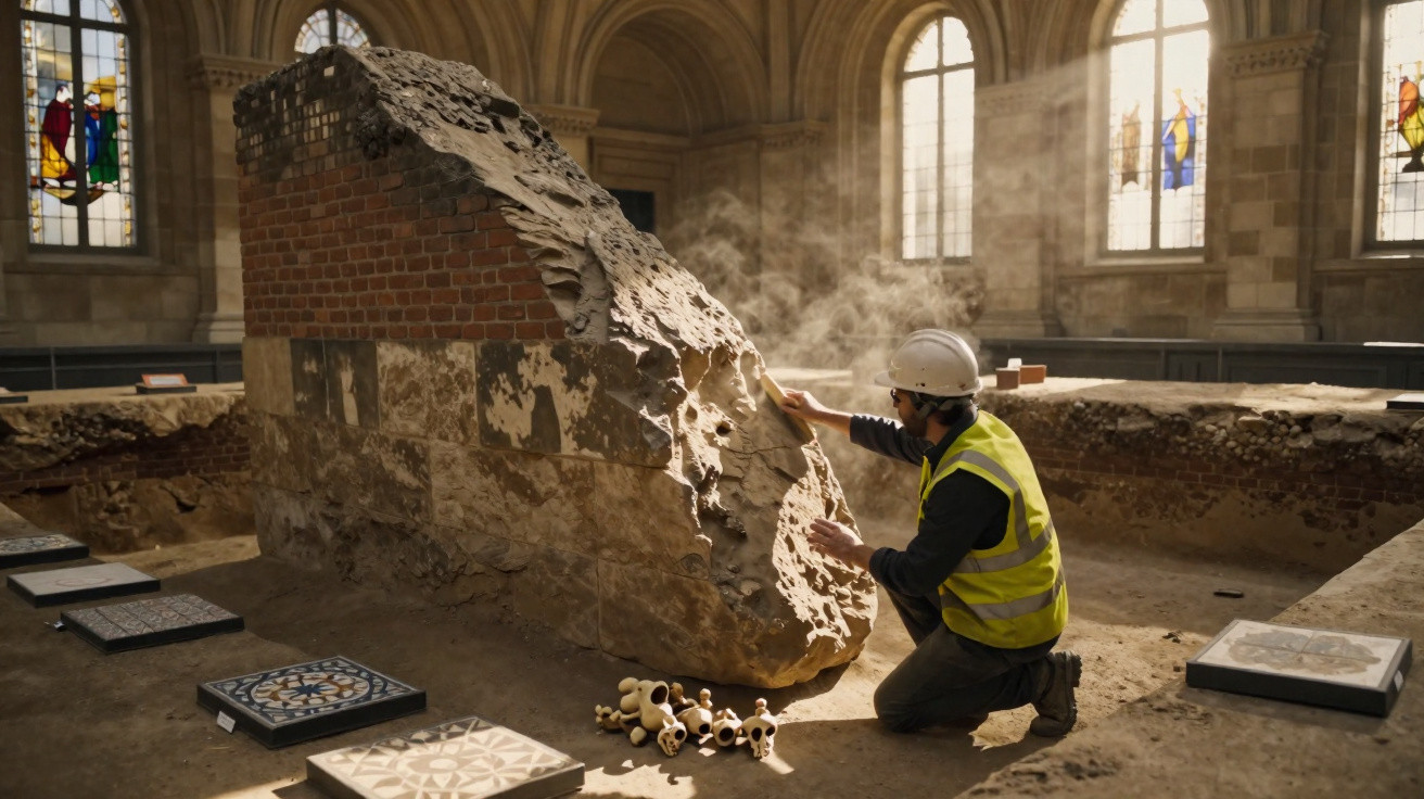 Arqueólogo em colete e capacete analisa ruínas de parede antiga em interior de edifício histórico.