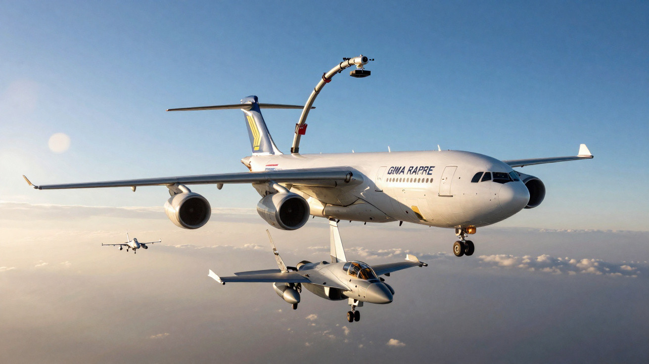 Avião maior equipado com braço robótico para reabastecimento em voo a abastecer avião menor no ar.